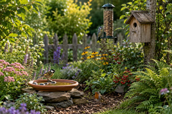 Vogelfreundlicher Garten mit Wasserstelle und Nistkasten Vogelfreundlicher Garten mit Vogeltränke, Nistkasten, Futterstelle und heimischen Pflanzen