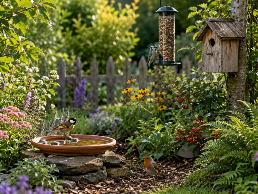 Vogelfreundlicher Garten mit Vogeltränke, Nistkasten, Futterstelle und heimischen Pflanzen