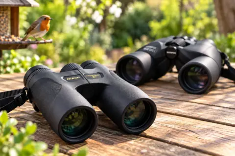 Zwei Ferngläser zur Vogelbeobachtung auf einem Holztisch im Garten