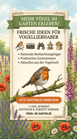 Newsletter-Werbegrafik von Vögel im Garten mit einem Rotkehlchen, Gartenblumen und dem Hinweis auf saisonale Beobachtungstipps, praktisches Gartenwissen und Aktuelles aus der Vogelwelt